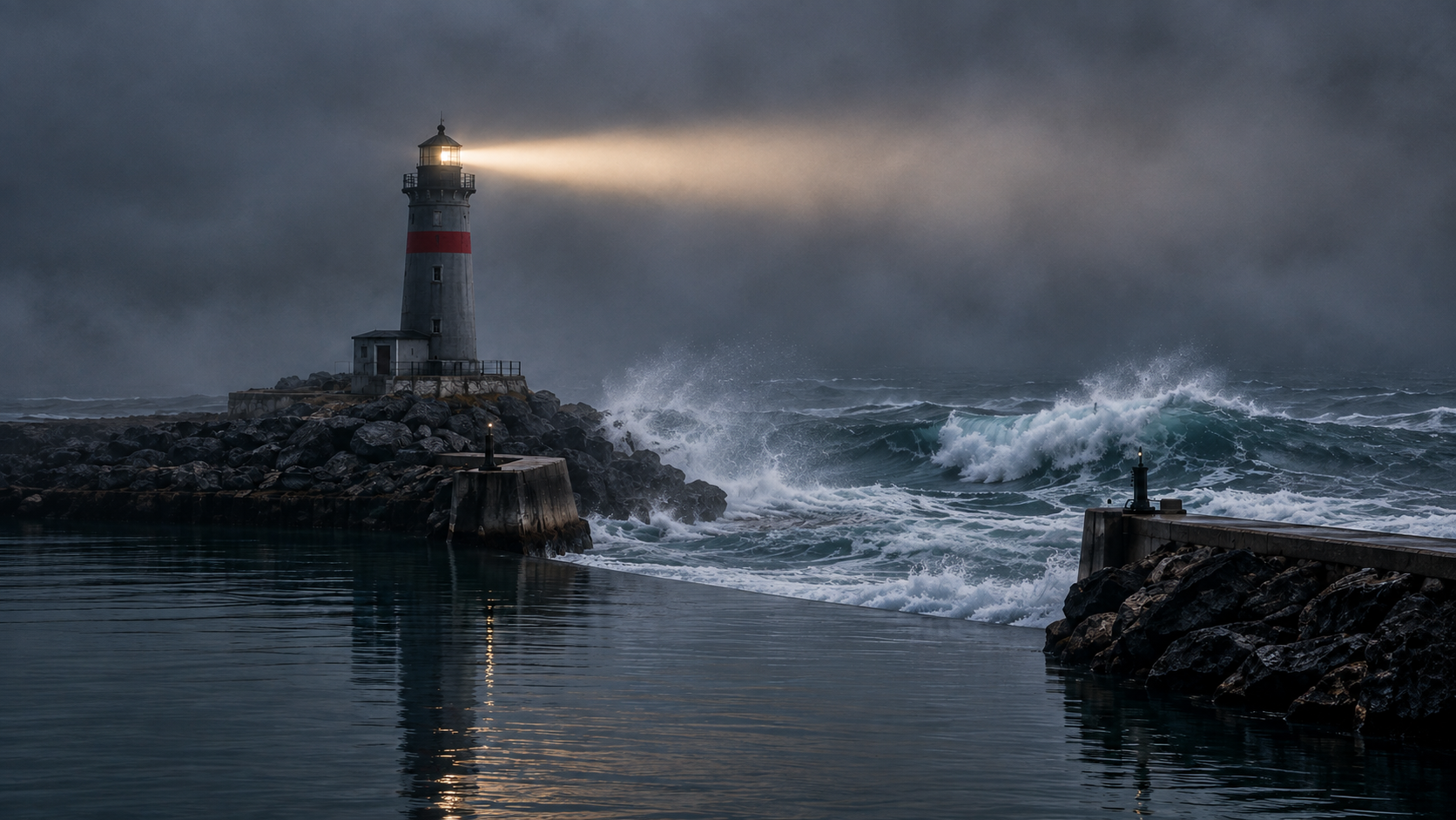 Lighthouse beam cutting through a storm over rough seas